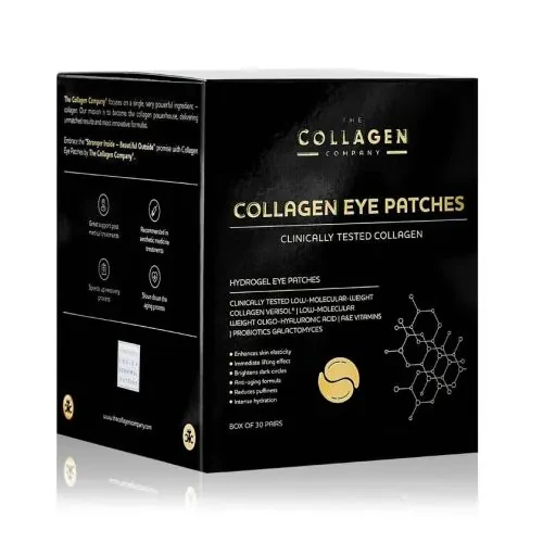 Ein Paar Augenklappen von The Collagen Company mit Verisol-Kollagen, Hyaluronsäure und Vitaminen. Spendet Feuchtigkeit, glättet und reduziert dunkle Schatten und Schwellungen.